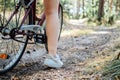 Bicycle Tourism. Road Biking Trails. Bicycles for rent. Single woman riding bike in pine forest in sunny day Royalty Free Stock Photo