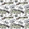 Bicycle, trailer car, mountains, cases, backpacks, postal marks. Journey concept. Seamless background. Watercolor Royalty Free Stock Photo