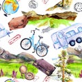 Bicycle, trailer car, mountains, cases, backpacks, postal marks. Travel, trip concept. Repeating background. Watercolor