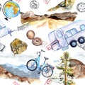 Bicycle, trailer car, mountains, vintage cases, backpacks, postal marks. Travel concept. Seamless pattern. Watercolor