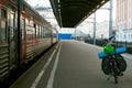 Bicycle with travel gear on the station feather Royalty Free Stock Photo