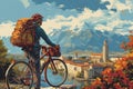 Bicycle trip around the world, travel concept, illustration generative AI