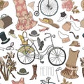 Bicycle and vintage things and accessories. Seamless pattern. Vector illustration Royalty Free Stock Photo