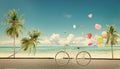 Bicycle vintage with heart balloon on beach blue sky
