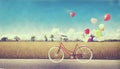 Bicycle vintage with heart balloon on farm field and blue sky