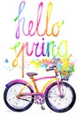 Bicycle. Watercolor bicycle and flower background. Hello Spring watercolor text. Royalty Free Stock Photo