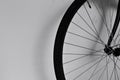 Bicycle wheel against a dirty wall in the garage Pesaro, Italy Royalty Free Stock Photo