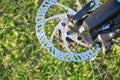 Close-up element bicycle wheel brake disk. Bicycle hub Royalty Free Stock Photo