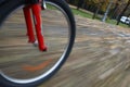 Bicycle wheel closeup in motion Royalty Free Stock Photo