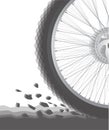 Bicycle wheel in motion stirring up the dust from the ground.  Vector drawing, eps10. Royalty Free Stock Photo