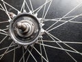 a bicycle wheel.  the photo was taken up close and the pinion and spokes of the wheel can be clearly seen Royalty Free Stock Photo