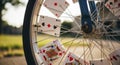 Bicycle wheel with playing cards attached Royalty Free Stock Photo