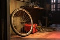 bicycle wheel with punctured tire near a toolbox