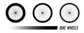 Bicycle wheel symbol with different tread. Bike rubber mountain tyre, valve. Active kinds of extreme sports. Black and white