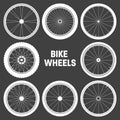 Bicycle wheel symbols collection. Bike rubber tyre silhouettes. Fitness cycle, road and mountain bike. Vector Royalty Free Stock Photo