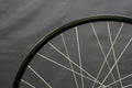 A bicycle wheel without a tire on a black background in the workshop. Bicycle repair. Rim and spokes of a mountain bike wheel Royalty Free Stock Photo