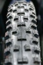 Bicycle wheel, tread on bicycle tire close-up Royalty Free Stock Photo