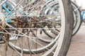 Bicycle wheels in a row parked in bike rack or rental shop, close up Royalty Free Stock Photo