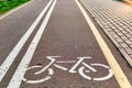 Bicycle white and yellow lanes sign and image of a bicycle with sun rays on road surface