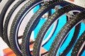 Bicycle snow tire with metal studs in store