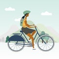 Bicycle woman or girl in helmet is riding by mountains. Flat stylish bike concept. Eco transport. Vector illustration Royalty Free Stock Photo