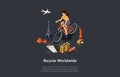 Bicycle Worldwide Travelling Conceptual Composition. Vector Illustration, Cartoon 3D Style. Isometric Design, Writings