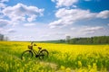 Bicycle in a yellow rapeseed field in springtime. Beautiful nature background. Generative AI