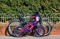 family bicycles chained to wall Royalty Free Stock Photo