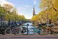 Bicycles on a bridge over the canals of Amsterdam, Netherlands Royalty Free Stock Photo