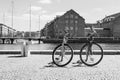 Bicycles on the canal. Copenhagen. Denmark. Black and white photo. Bicycle rental, sale concept. Transport