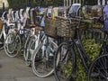 Bicycles chained up against a metal railed fence