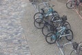 Bicycles chained up to railings
