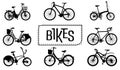 Bicycles different models. Bicycle silhouettes in black color.