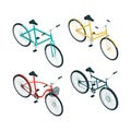 Bicycles isometric. Various types of bikes on white