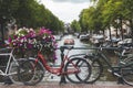 Bicycles lining a bridge over the canals of Amsterdam, Netherlands Royalty Free Stock Photo