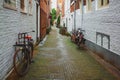 Bicycles in the narrow street in Amsterdam. Netherlands Royalty Free Stock Photo