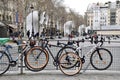 Bicycles Padlocked to a fence in Place Georges-Pompidou. Paris, France, March 29, 2023.