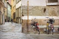 Bicycles parked on beautiful medieval streets of Lucca city, Tuscany, Italy Royalty Free Stock Photo