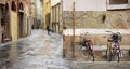 Bicycles parked on beautiful medieval streets of Lucca city, Tuscany, Italy Royalty Free Stock Photo