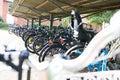 Bicycles parked at a school under a roof