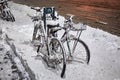 Bicycles parked on the street after heavy snowfall