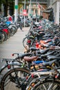 Bicycles parked in the streets of Amsterdam, the Netherlands. Green and sustainable transport. Alternative transportation
