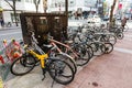 Bicycles parking area on foot path in the street of Sapporo in Hokkaido, Japan Royalty Free Stock Photo