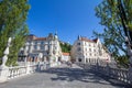 Bicycles and pedestrians passing by the Tromostovje bridge triple bridge  to reach the medieval part of the city. Royalty Free Stock Photo