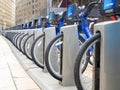 Bicycles for rent as part of the Citibike program in New York Ci