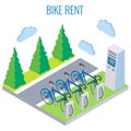 Bicycles for rent and cashier machine for payment. Bike rental, bike sharing service, vector isometric illustration.