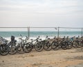 Bicycles for rent are located along the sea. Transport rental at the resort. Business on the beach. not a season