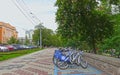 Bicycles rental standing in the park Shevchenko