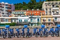 Bicycles in a row in Nice, France.
