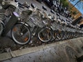 Bicycles in a row, a public bike sharing system in Paris Royalty Free Stock Photo